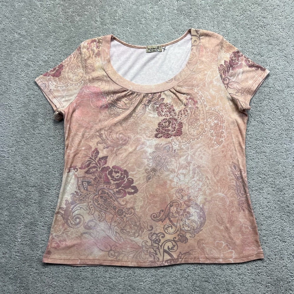 One World Live and Let Live Tee Womens XL Pink Cream Paisley Print Scoop Neck